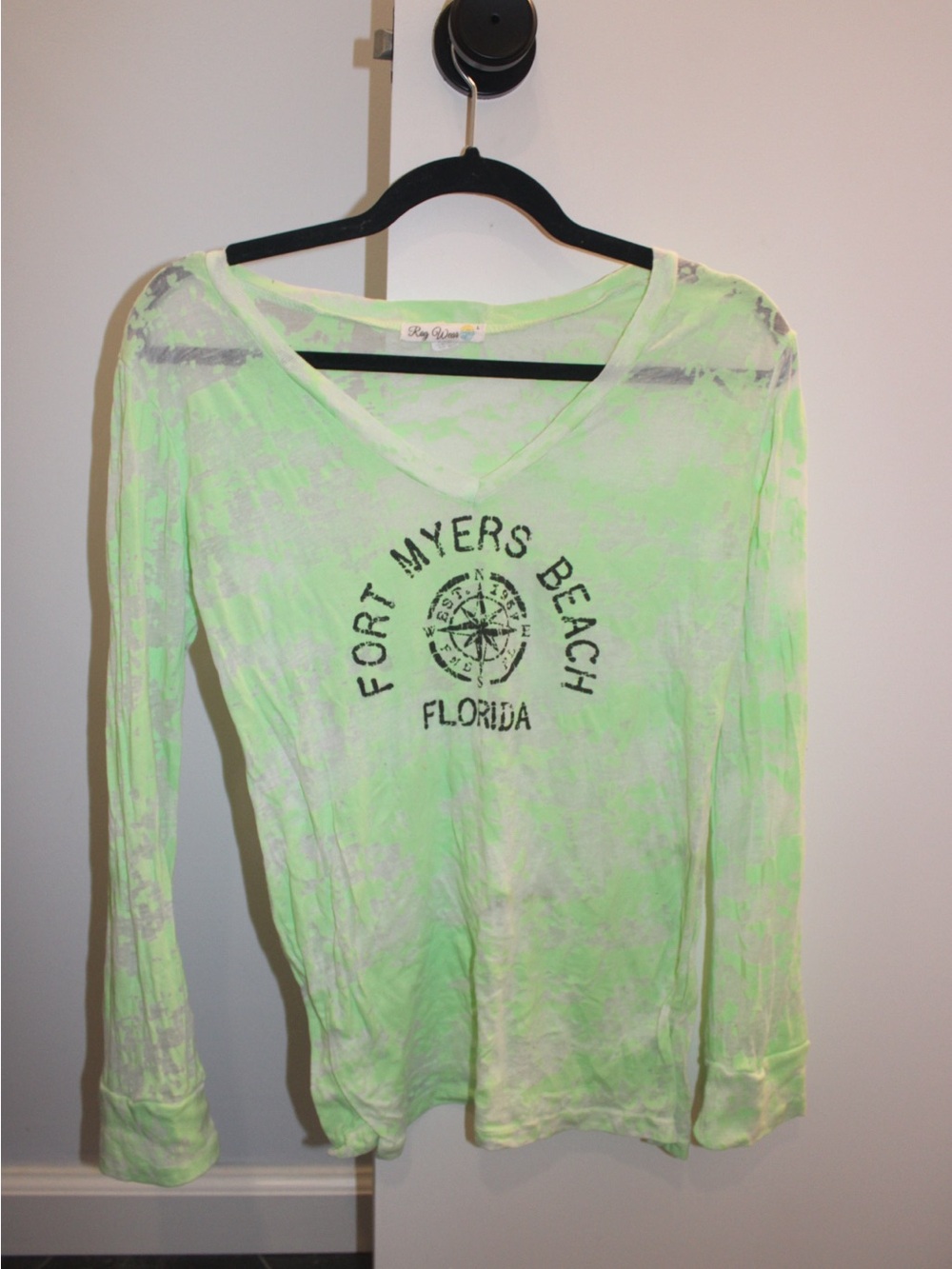 Off the shoulder Neon Lime Fort Myers Beach Graphic V-Neck Long Sleeve Top Sheer